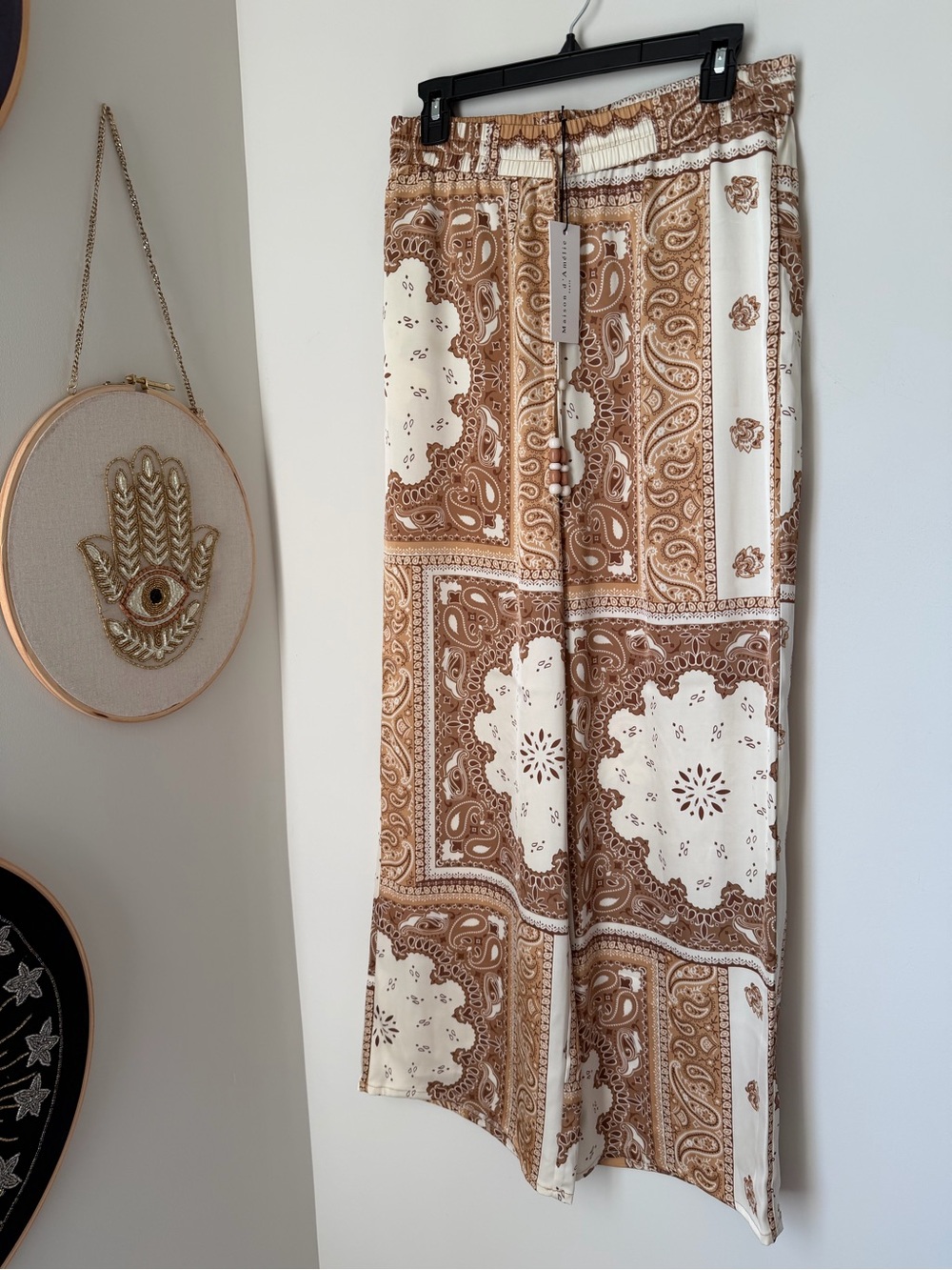cream and brown Paisley print wide leg trouser Pants